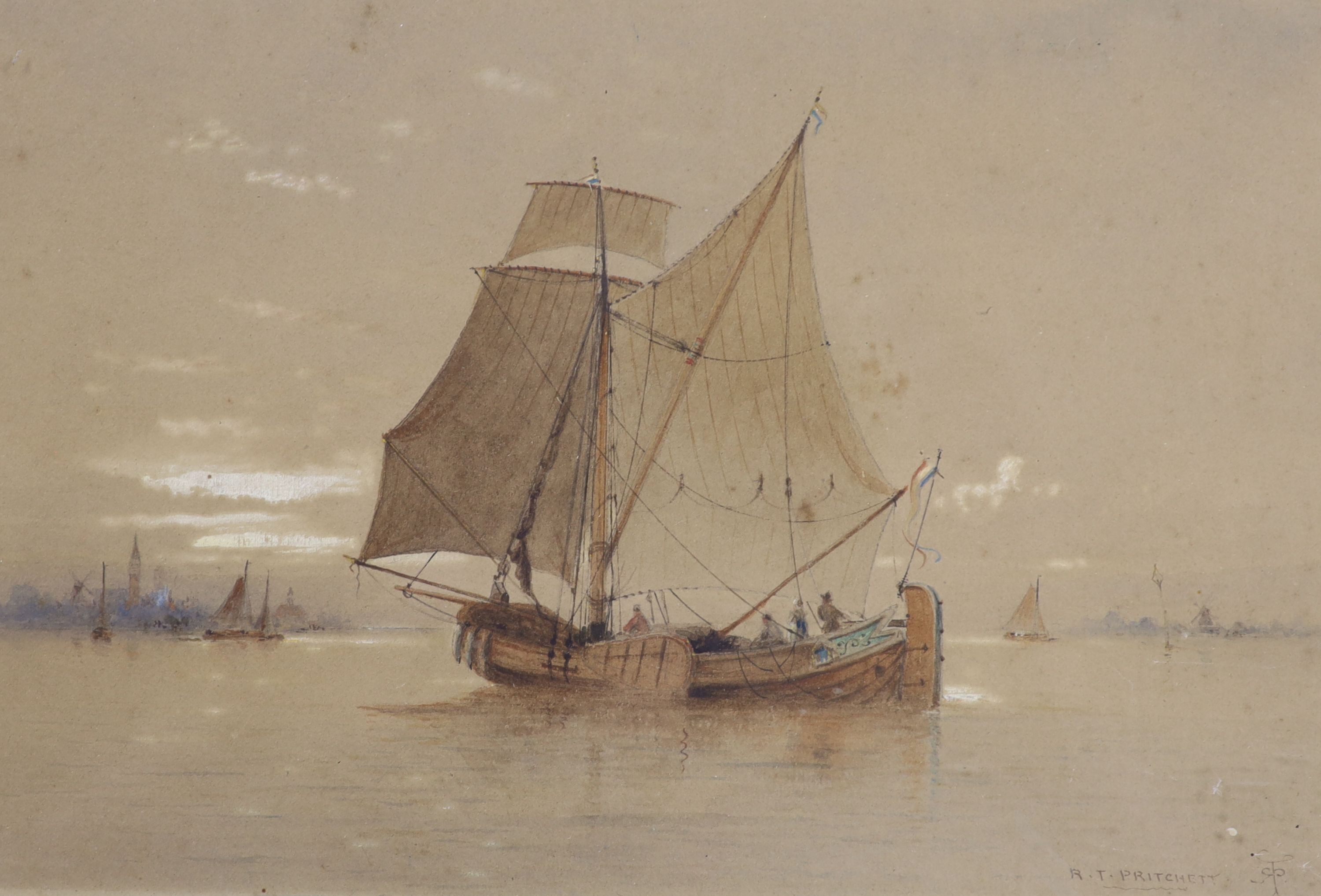 Robert Taylor Pritchett (1823-1907), watercolour, Sail barge off Venice, signed, 16 x 25cm